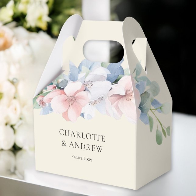 Caja Para Regalos Elegante Boda de Flores Rosa Azul (Elegant Blue Pink Flowers THANK YOU! Wedding Favor Boxes with your name and date.)