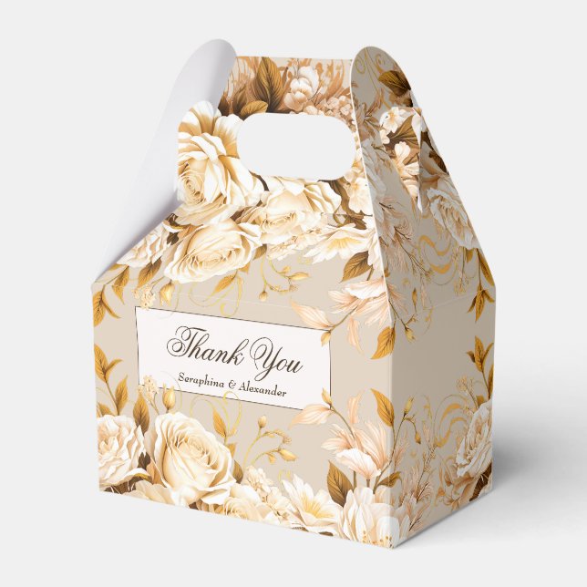 Caja Para Regalos Elegante Boda de oro y flores de marfil gracias (Front Side)