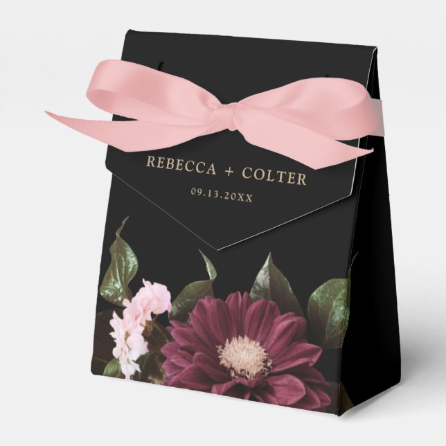 Caja Para Regalos Elegante Boda floral negro de Borgoña (Front Side)