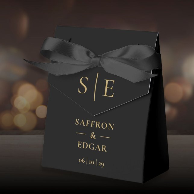 Caja Para Regalos Elegante Boda Monograma Negro Y Oro (Elegant Black And Gold Monogram Wedding Favor Boxes)