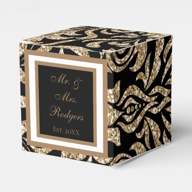 Caja Para Regalos Elegante Boda Purpurina negro y falso oro (Costado Anverso)