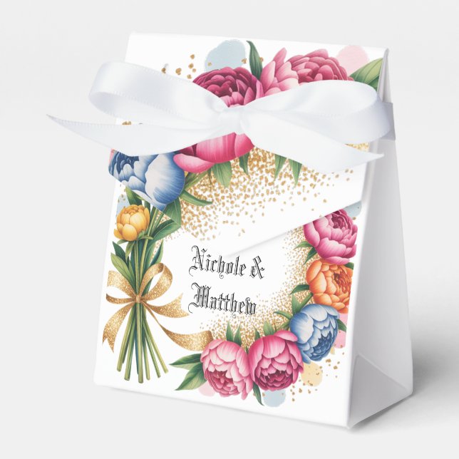 Caja Para Regalos Elegante Boda Purpurina Peony Bouquet Gold (Front Side)
