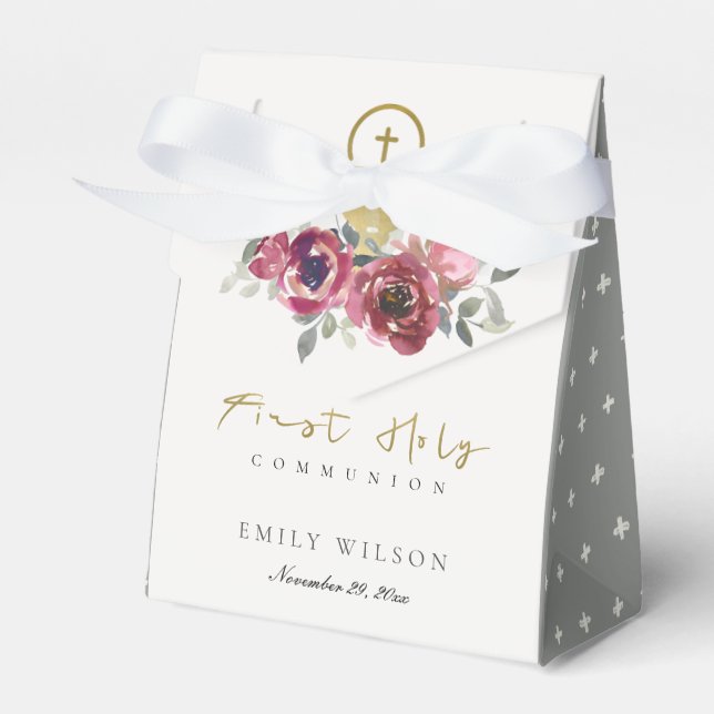 CAJA PARA REGALOS ELEGANTE BURGUNDY GOLD FLORAL PRIMERA COMUNICACIÓN (Front Side)