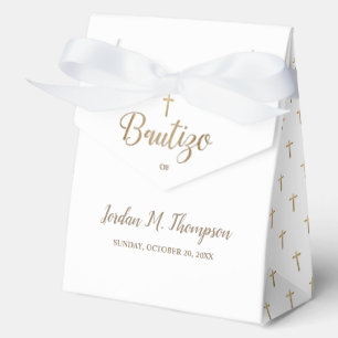 Caja Para Regalos Elegante Cruz de Oro Bautizo Personalizado Blanco