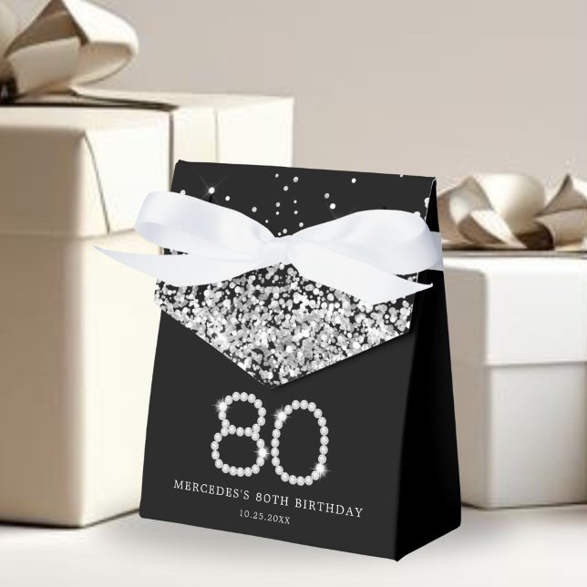 Caja Para Regalos Elegante diamante negro plateado 80 cumpleaños (Diamonds 80th Birthday Favor Gift Boxes)