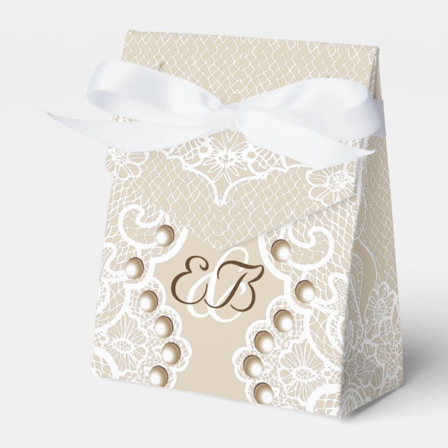 Caja Para Regalos Elegante encaje blanco con boda beige de perlas (Front Side)