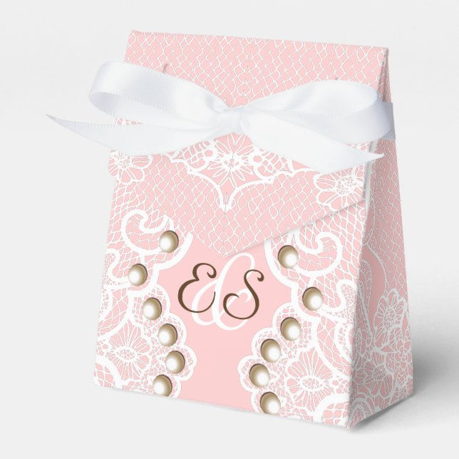 Caja Para Regalos Elegante encaje blanco con perlas boda rosa (Front Side)