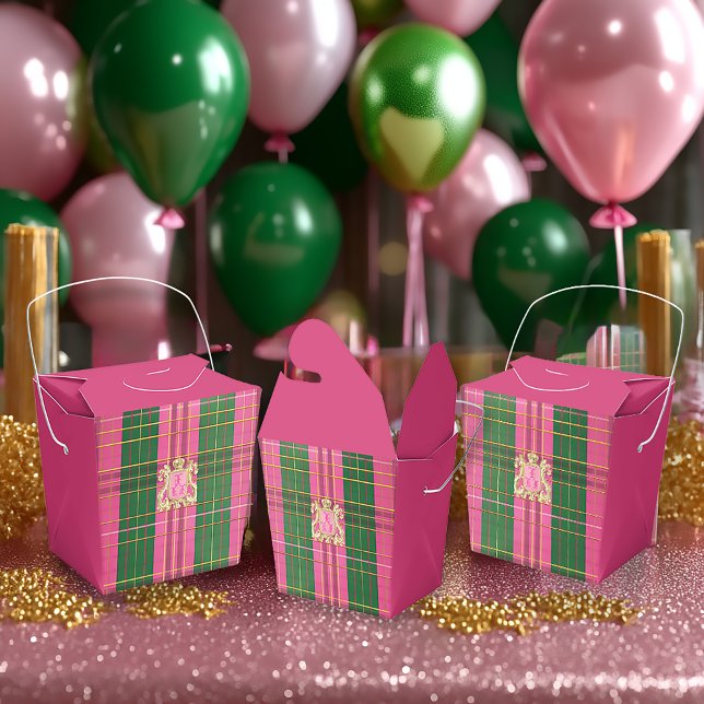 Caja Para Regalos Elegante Escudo de oro rosa y verde pastel (Beautiful Festive Pink and Green Plaid Monogrammed Favor Boxes )