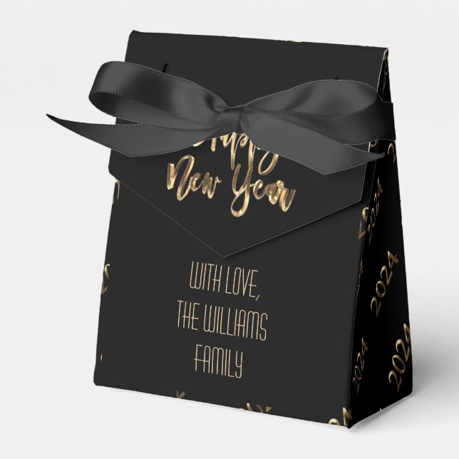 Caja Para Regalos Elegante guión negro y oro Feliz Año Nuevo 2024 (Front Side)