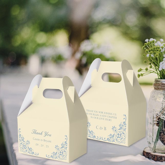 Caja Para Regalos Elegante Mantequilla Boda amarillo y azul gracias (elegant butter yellow wedding thank you gift favor boxes with bride and groom name plus message)