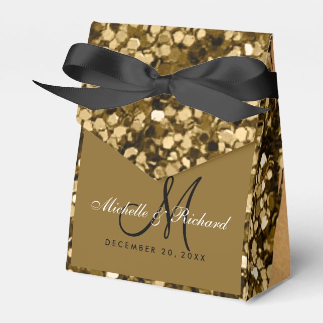 Caja Para Regalos Elegante Moda Purpurina Dorado Monogramado Boda (Front Side)