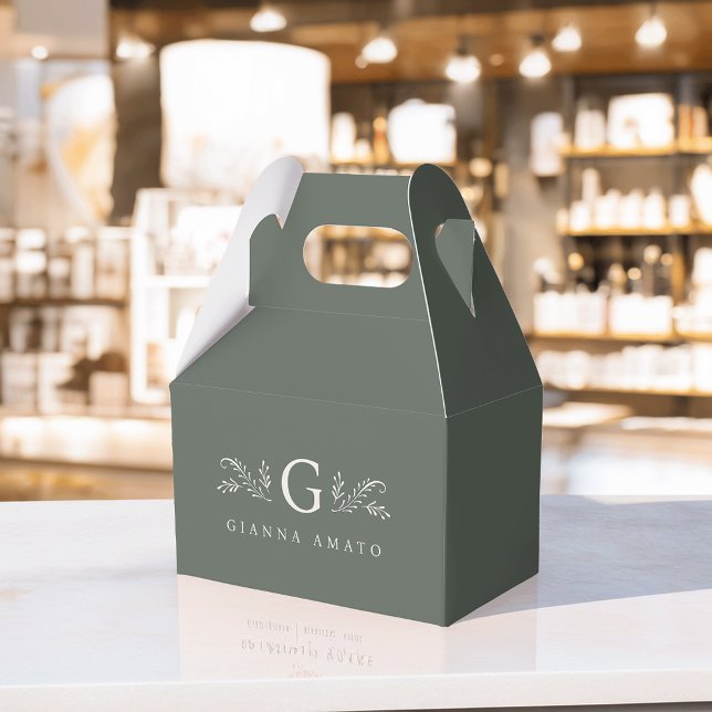 Caja Para Regalos Elegante Monograma Botánico Verde y nombre de nego (Subido por el creador)