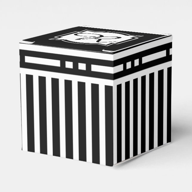 Caja Para Regalos Elegante Monograma R Rayado Negro y Blanco (Costado Anverso)