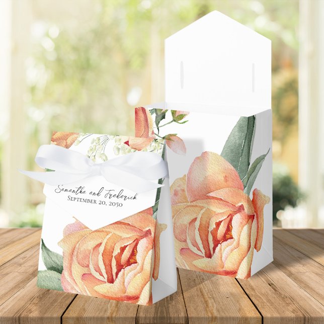 Caja Para Regalos Elegante Personalizado floral de la yegua (Peach and white wedding favor box)