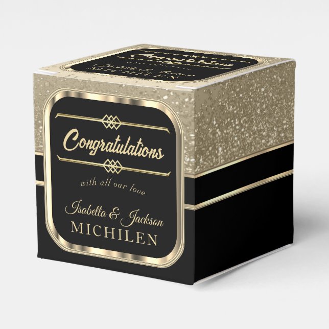 Caja Para Regalos Elegante Purpurina negro y oro (Costado Anverso)
