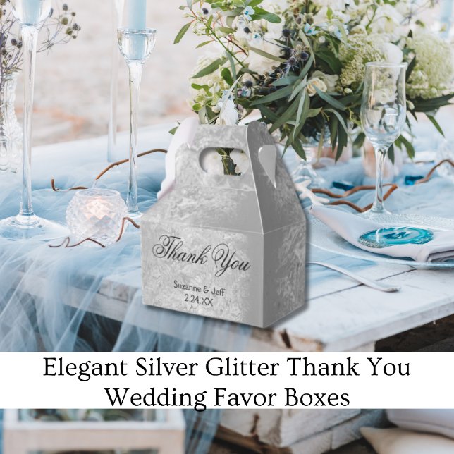 Caja Para Regalos Elegante Purpurina plateado Gracias Boda (Elegant Silver Glitter Thank You Wedding Favor Box)