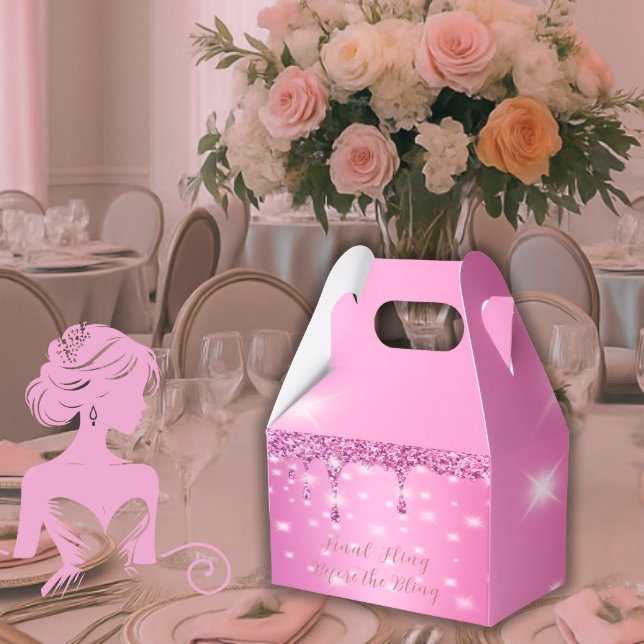 Caja Para Regalos Elegante Purpurina rosado caliente goteo Bachelore (Final Fling Before the Bling favor box in blush pink bridal suite with elegant glam reception decor)