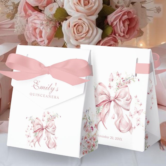 Caja Para Regalos Elegante regalo de Quinceanera floral de perlas de (Elegant Pink Bow Pearls floral Quinceañera Birthday Gift favor boxes)