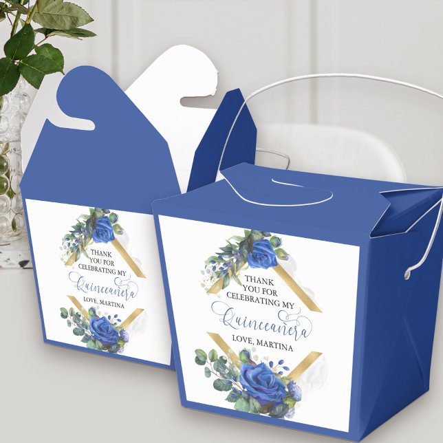 Caja Para Regalos Elegante Rosa azul floral Eucalyptus Quinceanera (Elegant Quinceanera favor boxes with thank you message with floral and royal blue theme)