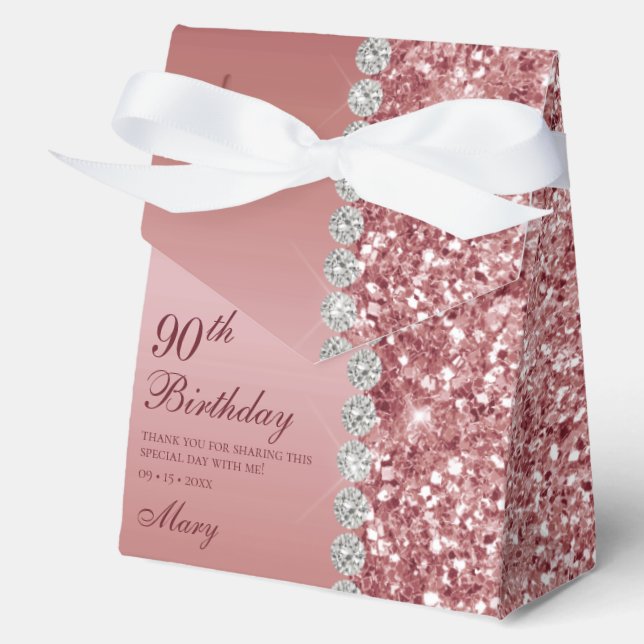 Caja Para Regalos Elegante Rosa Dorado Cumpleaños 90 (Anverso)
