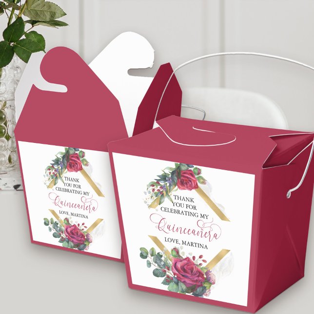 Caja Para Regalos Elegante Rosa Rojo Floral Eucalyptus Quinceanera (Elegant Quinceanera favor boxes with thank you message with floral red and gold theme)