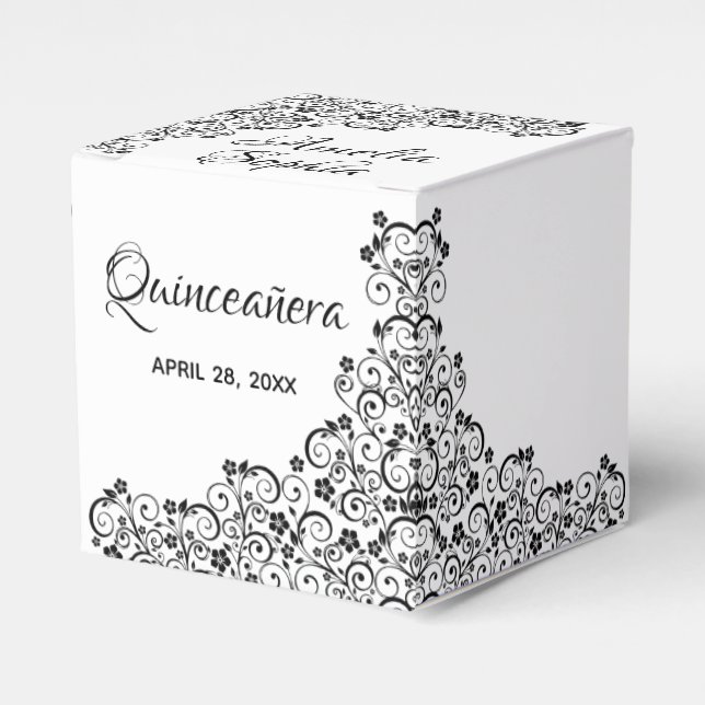 Caja Para Regalos Elegantes negras y flores Quinceañera (Costado Anverso)