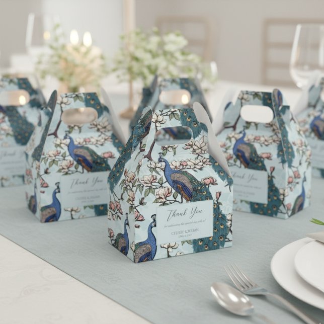 Caja Para Regalos Elegantes pavos reales azules y flores azules (Chic Floral Peacock Pattern Thank You Wedding Light Blue Favor Boxes. Elegant Teal Peacock & Flowers)