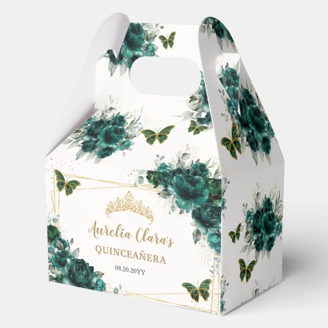 Caja Para Regalos Emerald Green Floral Butterflies Quinceanera Gable (Anverso)