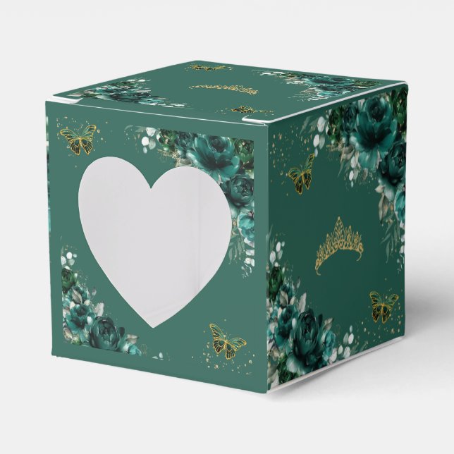 Caja Para Regalos Emerald Green Floral Butterflies Quinceanera Mini  (Anverso)