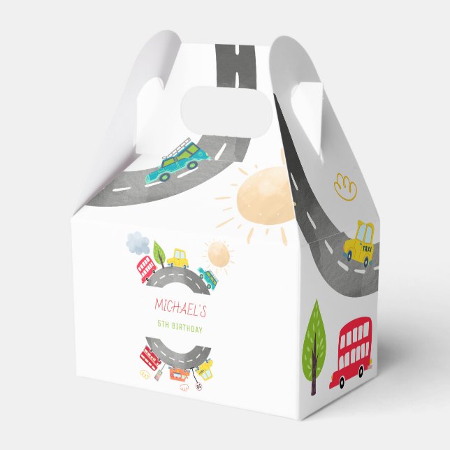 Caja Para Regalos En el camino vehículos felices cumpleaños del niño (Front Side)