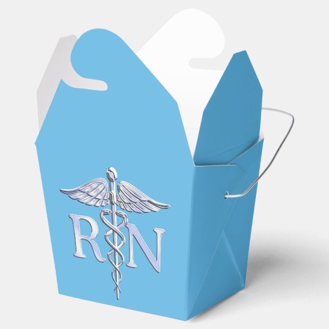 Caja Para Regalos Enfermera inscrita RN Silver Caduceus en Baby Blue (Abierto)