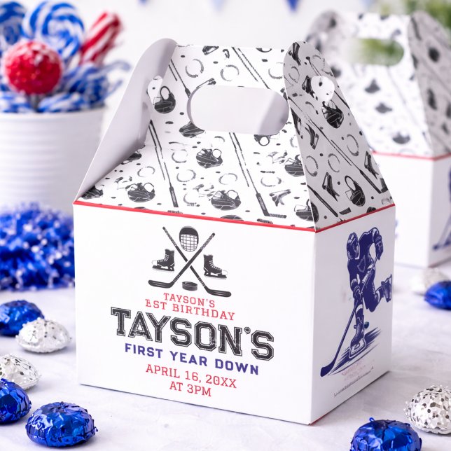 Caja Para Regalos Es el primer Fiesta de cumpleaños de hockey sobre  (It’s Game Time Hockey 1st Birthday Party Favor Boxes
)