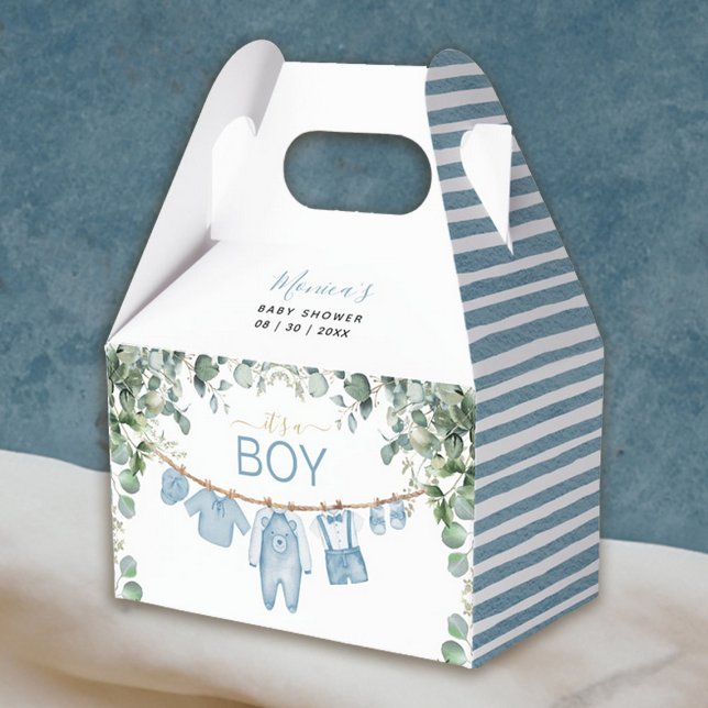 Caja Para Regalos Es un niño Baby Shower azul boho ropa verde (It’s a Boy Blue Boho Clothes Greenery Baby Shower Favor Box)
