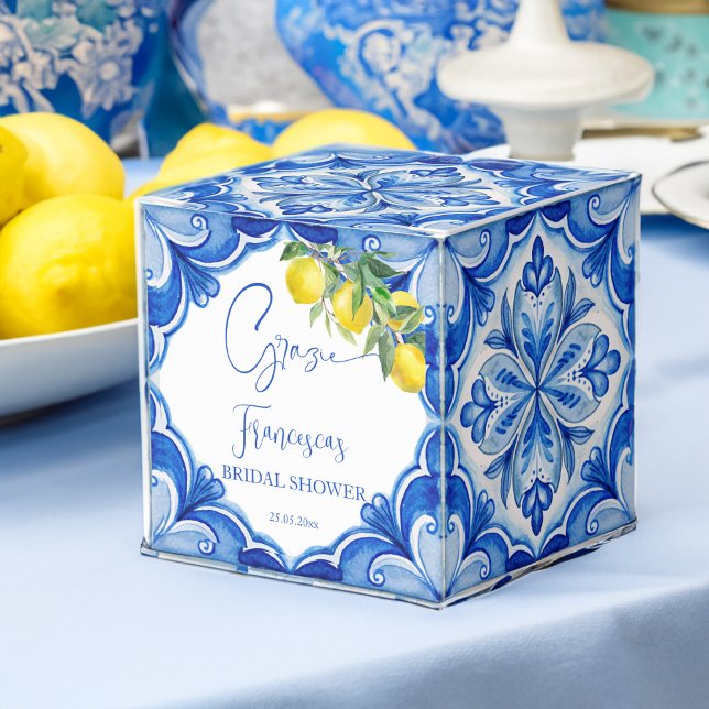 Caja Para Regalos Esa es una ducha italiana de novia con limón azul (That's amore vintage Italian Blue tiles lemons bridal shower printed bonboniere candy Favor Boxes)