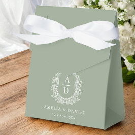Caja Para Regalos Escudo de Monograma Floral Verde Sage Boda Moderno