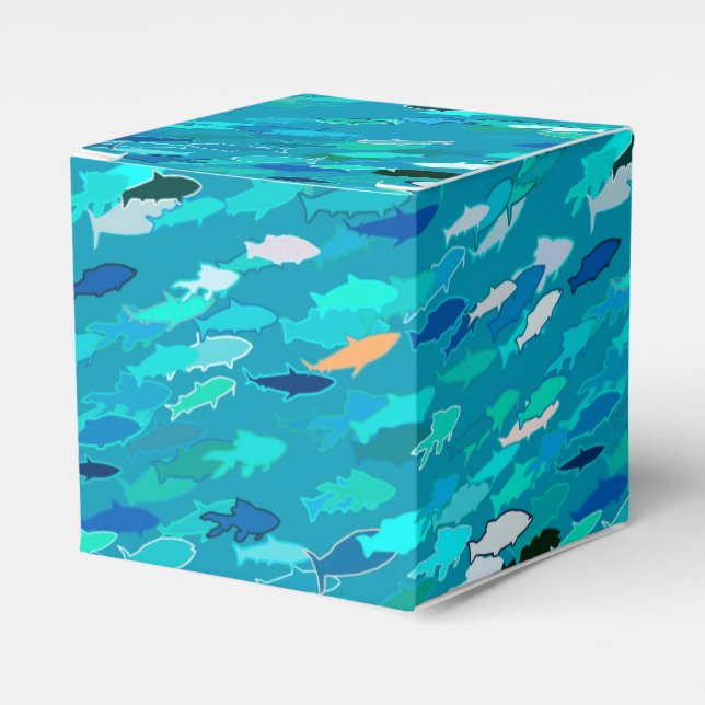 Caja Para Regalos Escuela de Pescado, Turquesa, Azul y Aqua (Costado Anverso)