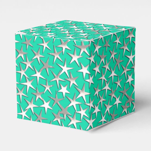 Caja Para Regalos Estrellas plateadas de turquesa (Costado Anverso)