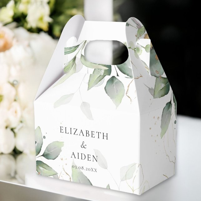 Caja Para Regalos Eucalipto, blanco, verde, Boda (Eucalyptus, White, Greenery, Wedding Favor Boxes with your name and date.)