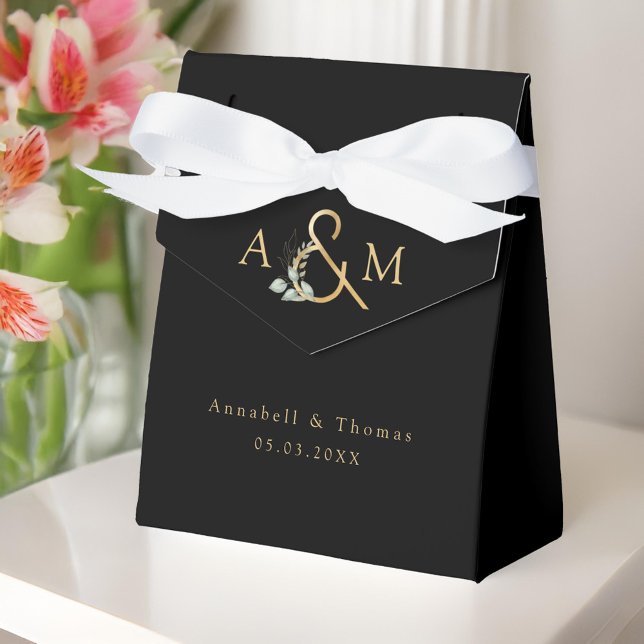 Caja Para Regalos Eucalyptus Boda Box Geschenkschachtel (Eucalyptus Wedding Favor Box. Black Gold with your monogram, name and date)