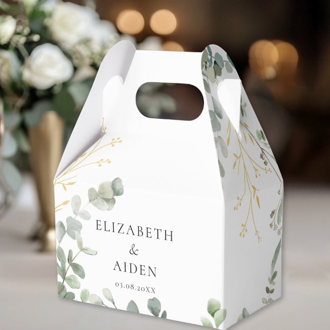 Caja Para Regalos Eucalyptus Boda Box Geschenkschachtel (Floral, White, Greenery, Gold Wedding Box gift box with your name and date.)