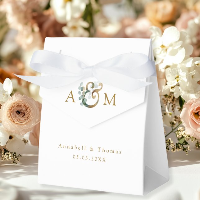 Caja Para Regalos Eucalyptus Boda Box Geschenkschachtel (Eucalyptus Wedding Favor Box, Monogram, Ampersand, Botanical, white, beige-gold, minimal, modern.)