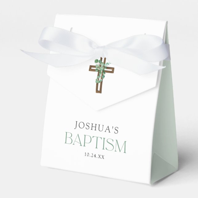 Caja Para Regalos Eucalyptus Modern Cross Baptism Party Favorece (Front Side)