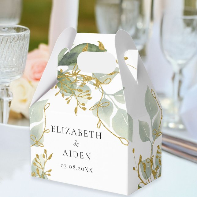 Caja Para Regalos Eukalyptus Wedding Box  (Personalized White Greenery Gold Eucalyptus Wedding Box with your names and date.)
