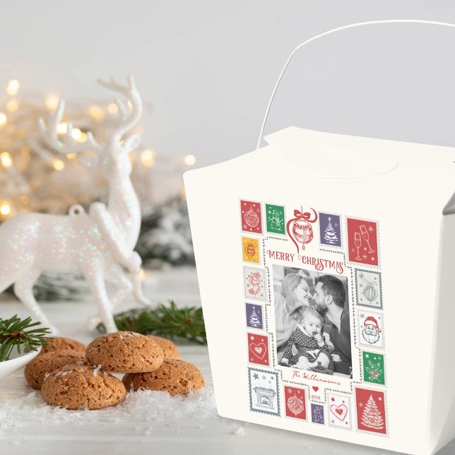 Caja Para Regalos Fantasía Nostálgica Sello Retro Foto de Navidad (Whimsical Nostalgia Retro Stamp Christmas Party Events Family Small Business Photo Favor Boxes)
