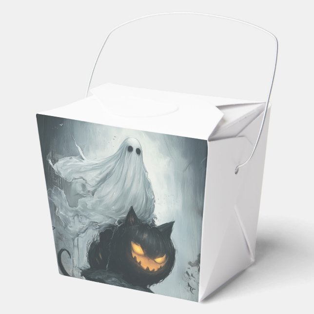 Caja Para Regalos Fantasma de Halloween montando un gato negro (Anverso)