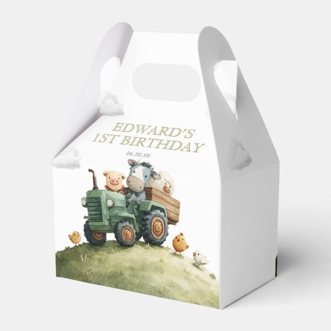Caja Para Regalos Farm Animals Green Tractor Birthday (Reverso)
