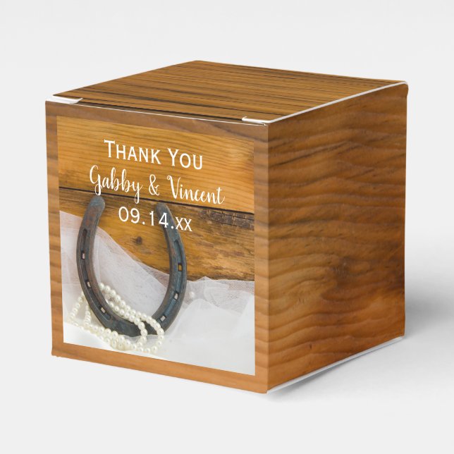 Caja Para Regalos Faux Barn Wood Horseshoe y Pearls Rustic Boda (Costado Anverso)