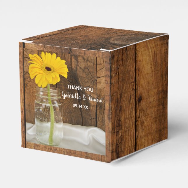 Caja Para Regalos Faux Barn Wood Mason Jar y Yellow Daisy Boda (Costado Anverso)