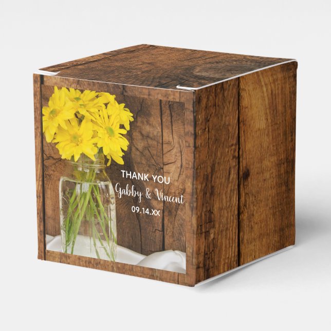 Caja Para Regalos Faux Barn Wood Mason Jar Yellow Daisies Boda (Costado Anverso)