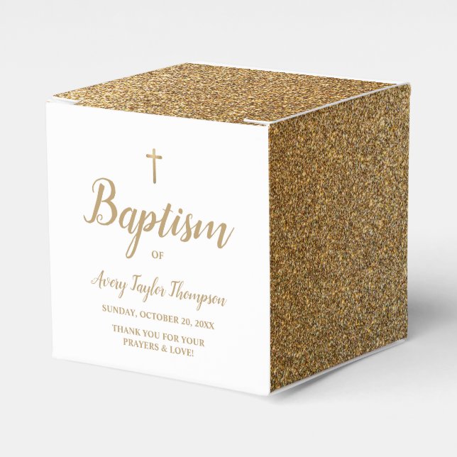 Caja Para Regalos Faux Gold Glitter Baptism with Cross Personalized (Costado Anverso)